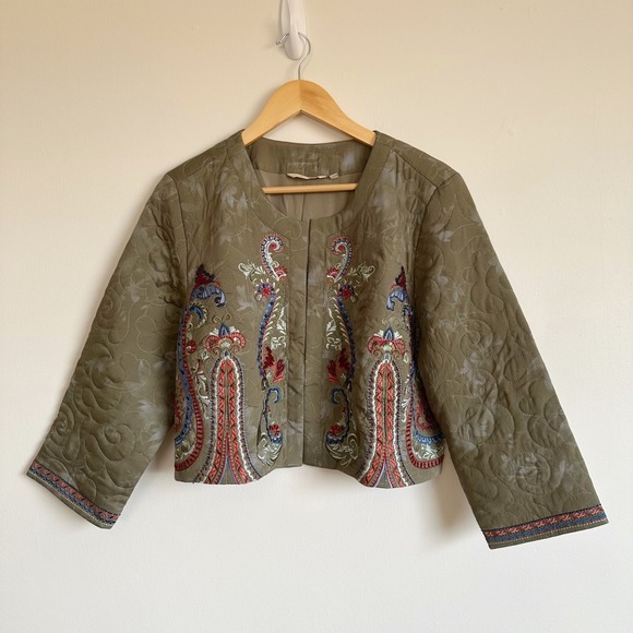 Soft Surroundings Jackets & Blazers - Soft Surroundings Olive Green Quilted Embroidered Cropped Jacket XL Beaded Boho